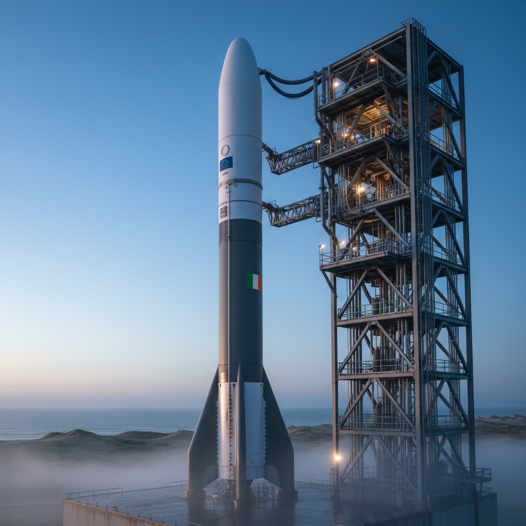A crisply rendered high-resolution close-up of a reusable launch vehicle on a coastal European launch pad at dawn, the rocket’s white and grey body streaked with subtle scorch marks and adorned with small EU and Irish flags. The metal service tower stands nearby with intricate piping and cables. A thin mist hangs near the ground, partially obscuring distant dunes and calm ocean behind. Soft pre-sunrise blue light bathes the scene, while floodlights cast warm highlights and long shadows along the vehicle’s curved surfaces. Photographic realism with a documentary style, shot from a low-angle perspective to emphasize scale and ambition. The composition uses strong vertical lines and deep depth of field, creating a mood that is anticipatory, professional, and grounded in real-world European spaceflight.