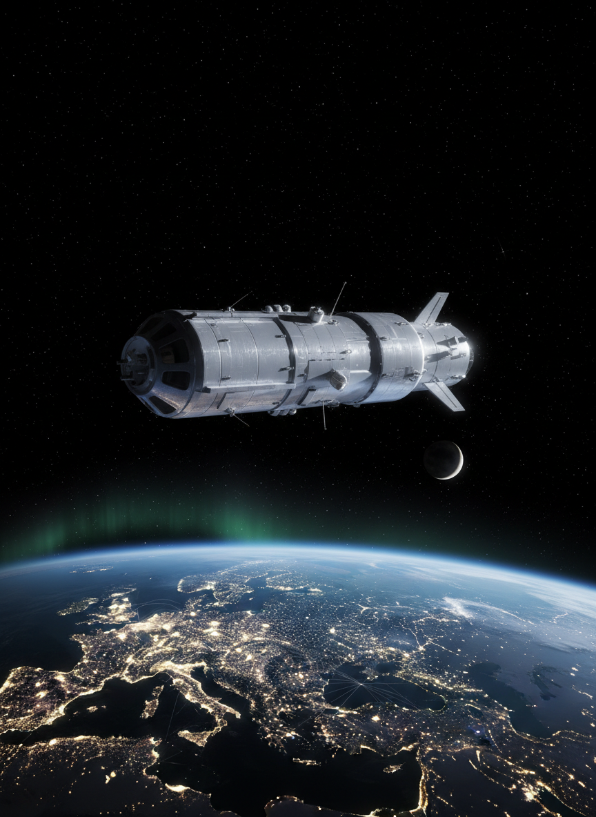 A gleaming silver orbital spacecraft, its smooth composite hull reflecting faint blues and purples, drifts silently above a richly detailed Earth. Below, Europe is clearly visible at night, dotted with sharp pinpoints of city lights and faint auroral greens along the pole. The blackness of space is velvet-deep, scattered with crisp stars and a thin crescent Moon low on the horizon. Photographic realism with a clean, modern aesthetic, captured from a slightly elevated, three-quarter angle. Soft sunlight from the left creates gentle highlights and subtle shadows across the spacecraft’s surface, emphasizing panels and thrusters. The mood is professional, contemplative, and awe-inspiring, ideal as a universal hero image for a space travel journalism blog. Sharp focus throughout with a wide, cinematic composition.
