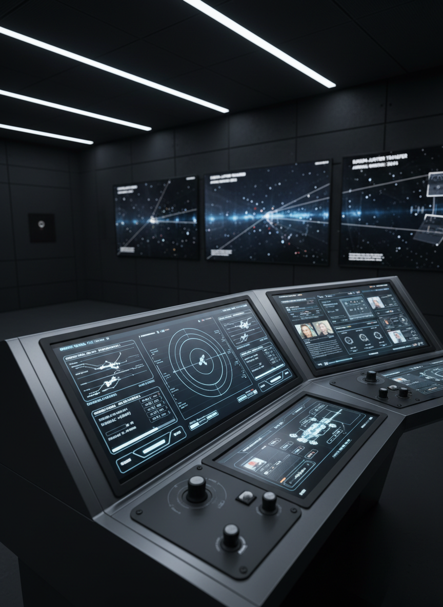 A meticulously detailed control console of a European deep-space mission, featuring sleek touchscreens with blue and white mission telemetry, orbit diagrams, and live spacecraft status indicators. The console is housed in a dark, minimalist control room interior, walls studded with large wall-mounted screens showing star fields and trajectory plots. Cool, diffused artificial lighting from overhead panels creates soft reflections on the matte metal and glass surfaces, avoiding harsh glare. Photographic realism with a clean, modern, professional tone. Captured from an eye-level, slightly off-center angle using the rule of thirds, focusing on the glowing central display while the background screens fall into a gentle bokeh. The atmosphere is focused, analytical, and quietly intense, reflecting the precision and rigor behind European space operations and journalism coverage.